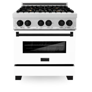 ZLINE Autograph Edition 30" 4.0 cu ft Dual Fuel Range with Gas Stove and Electric Oven in Fingerprint Resistant Stainless Steel with White Matte Door and Matte Black Accents (RASZ-WM-30-MB)