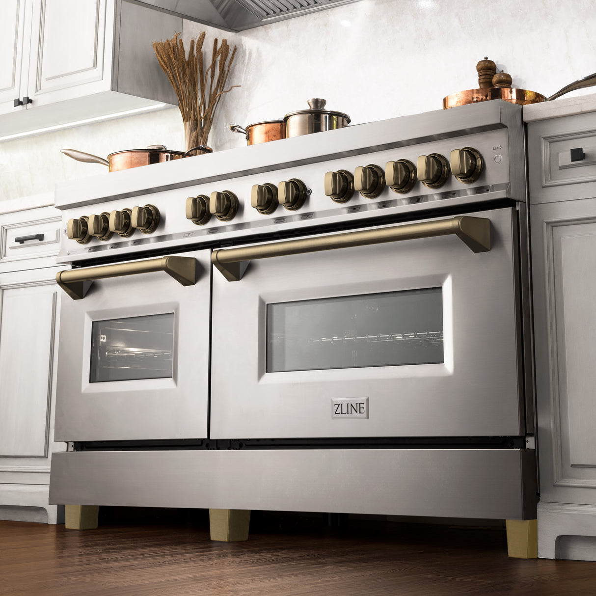 ZLINE Autograph Edition 60" 7.4 cu ft Dual Fuel Range with Gas Stove and Electric Oven in Stainless Steel with Champagne Bronze Accents (RAZ-60-CB)