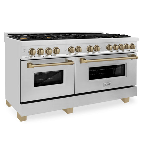 ZLINE Autograph Edition 60" 7.4 cu ft Dual Fuel Range with Gas Stove and Electric Oven in Stainless Steel with Champagne Bronze Accents (RAZ-60-CB)