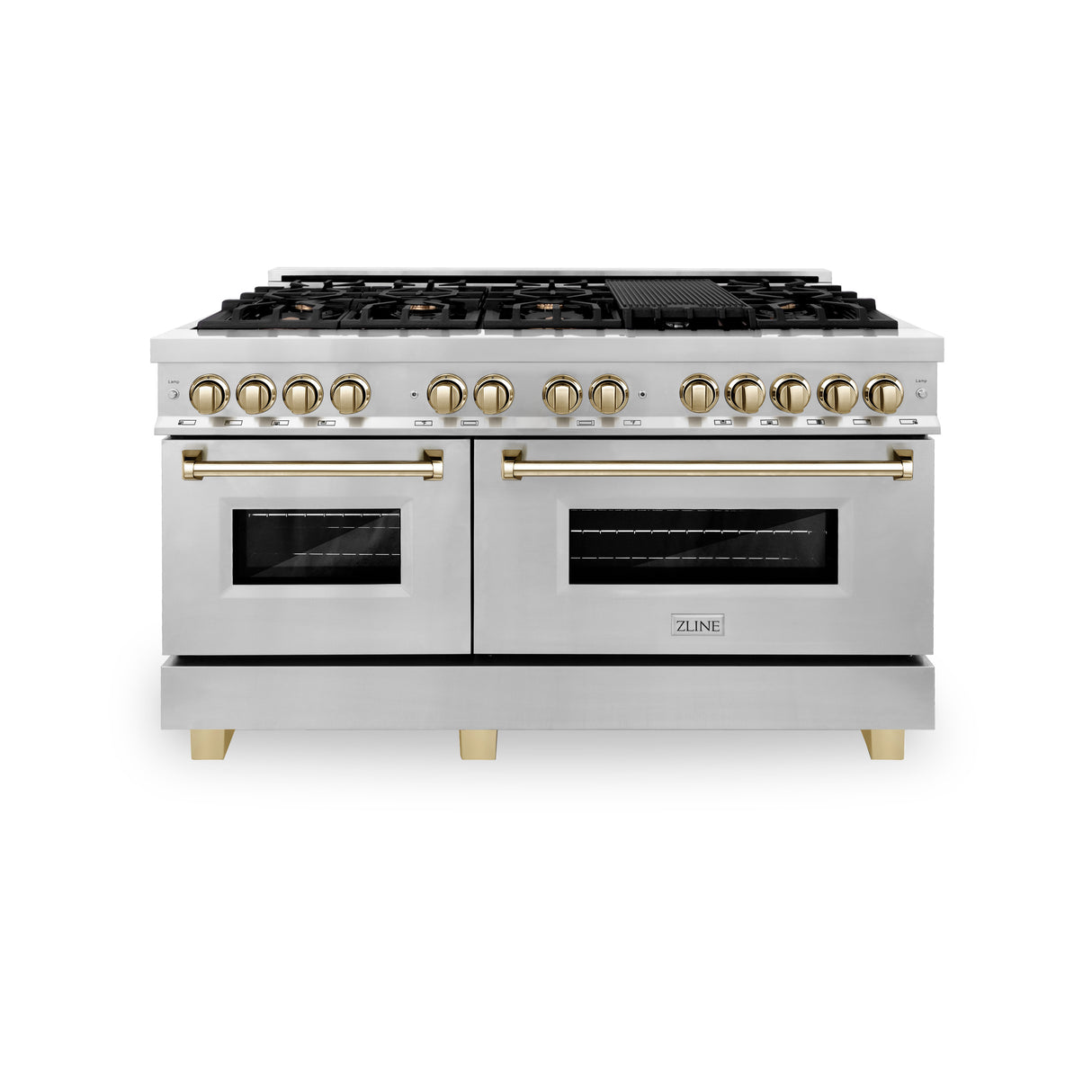 ZLINE Autograph Edition 60" 7.4 cu ft Dual Fuel Range with Gas Stove and Electric Oven in Stainless Steel with Gold Accents (RAZ-60-G)