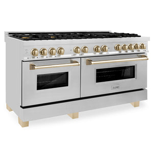 ZLINE Autograph Edition 60" 7.4 cu ft Dual Fuel Range with Gas Stove and Electric Oven in Stainless Steel with Gold Accents (RAZ-60-G)