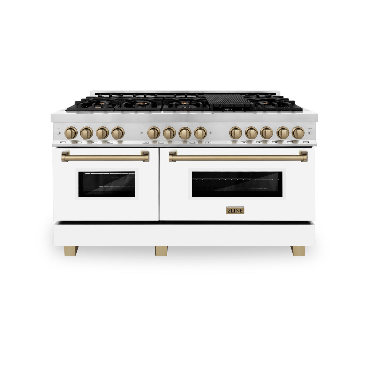 ZLINE Autograph Edition 60" 7.4 cu ft Dual Fuel Range with Gas Stove and Electric Oven in Stainless Steel with White Matte Door and Champagne Bronze Accents (RAZ-WM-60-CB)