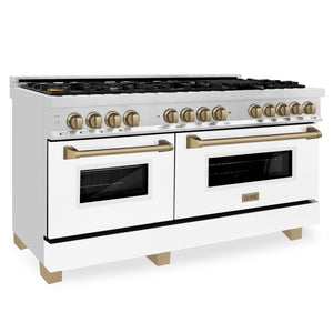 ZLINE Autograph Edition 60" 7.4 cu ft Dual Fuel Range with Gas Stove and Electric Oven in Stainless Steel with White Matte Door and Champagne Bronze Accents (RAZ-WM-60-CB)