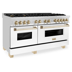 ZLINE Autograph Edition 60" 7.4 cu ft Dual Fuel Range with Gas Stove and Electric Oven in Stainless Steel with White Matte Door and Gold Accents (RAZ-WM-60-G)