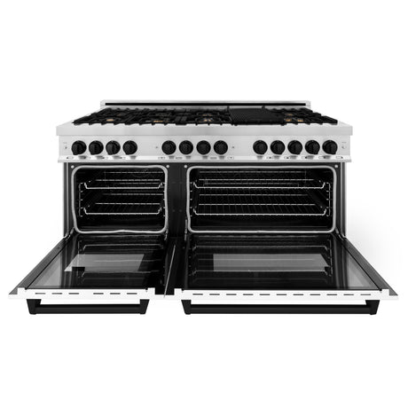 ZLINE Autograph Edition 60" 7.4 cu ft Dual Fuel Range with Gas Stove and Electric Oven in Stainless Steel with White Matte Door and Matte Black Accents (RAZ-WM-60-MB)