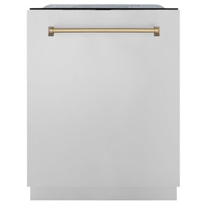 ZLINE Autograph Edition 24" 3rd Rack Top Touch Control Tall Tub Dishwasher in Stainless Steel with Champagne Bronze Handle, 45dBa (DWMTZ-304-24-CB)