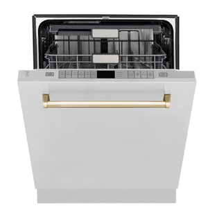 ZLINE Autograph Edition 24" 3rd Rack Top Touch Control Tall Tub Dishwasher in Stainless Steel with Gold Handle, 45dBa (DWMTZ-304-24-G)