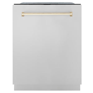 ZLINE Autograph Edition 24" 3rd Rack Top Touch Control Tall Tub Dishwasher in Stainless Steel with Gold Handle, 45dBa (DWMTZ-304-24-G)