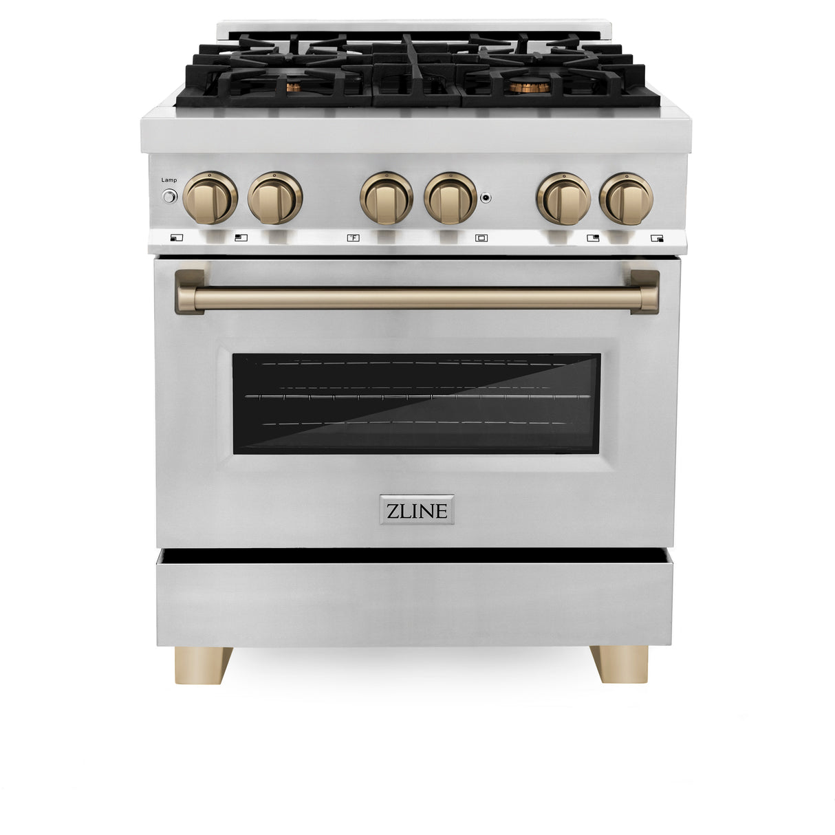 ZLINE Autograph Edition 30" 4.0 cu ft Dual Fuel Range with Gas Stove and Electric Oven in Stainless Steel with Champagne Bronze Accents (RAZ-30-CB)