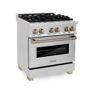 ZLINE Autograph Edition 30" 4.0 cu ft Dual Fuel Range with Gas Stove and Electric Oven in Stainless Steel with Champagne Bronze Accents (RAZ-30-CB)