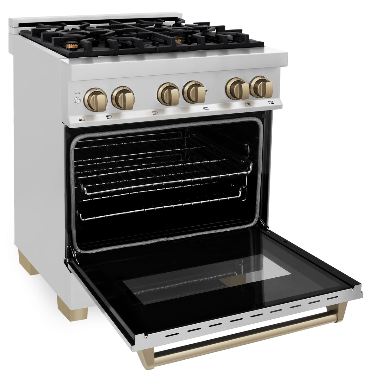 ZLINE Autograph Edition 30" 4.0 cu ft Dual Fuel Range with Gas Stove and Electric Oven in Stainless Steel with Champagne Bronze Accents (RAZ-30-CB)