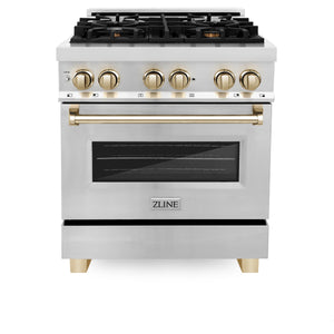 ZLINE Autograph Edition 30" 4.0 cu ft Dual Fuel Range with Gas Stove and Electric Oven in Stainless Steel with Gold Accents (RAZ-30-G)