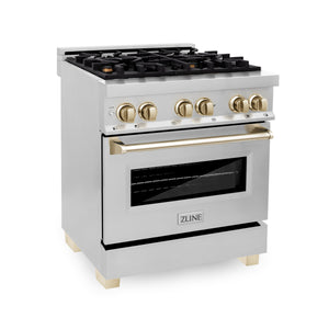 ZLINE Autograph Edition 30" 4.0 cu ft Dual Fuel Range with Gas Stove and Electric Oven in Stainless Steel with Gold Accents (RAZ-30-G)