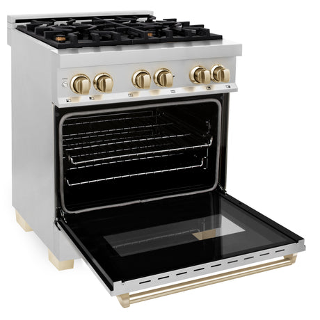 ZLINE Autograph Edition 30" 4.0 cu ft Dual Fuel Range with Gas Stove and Electric Oven in Stainless Steel with Gold Accents (RAZ-30-G)