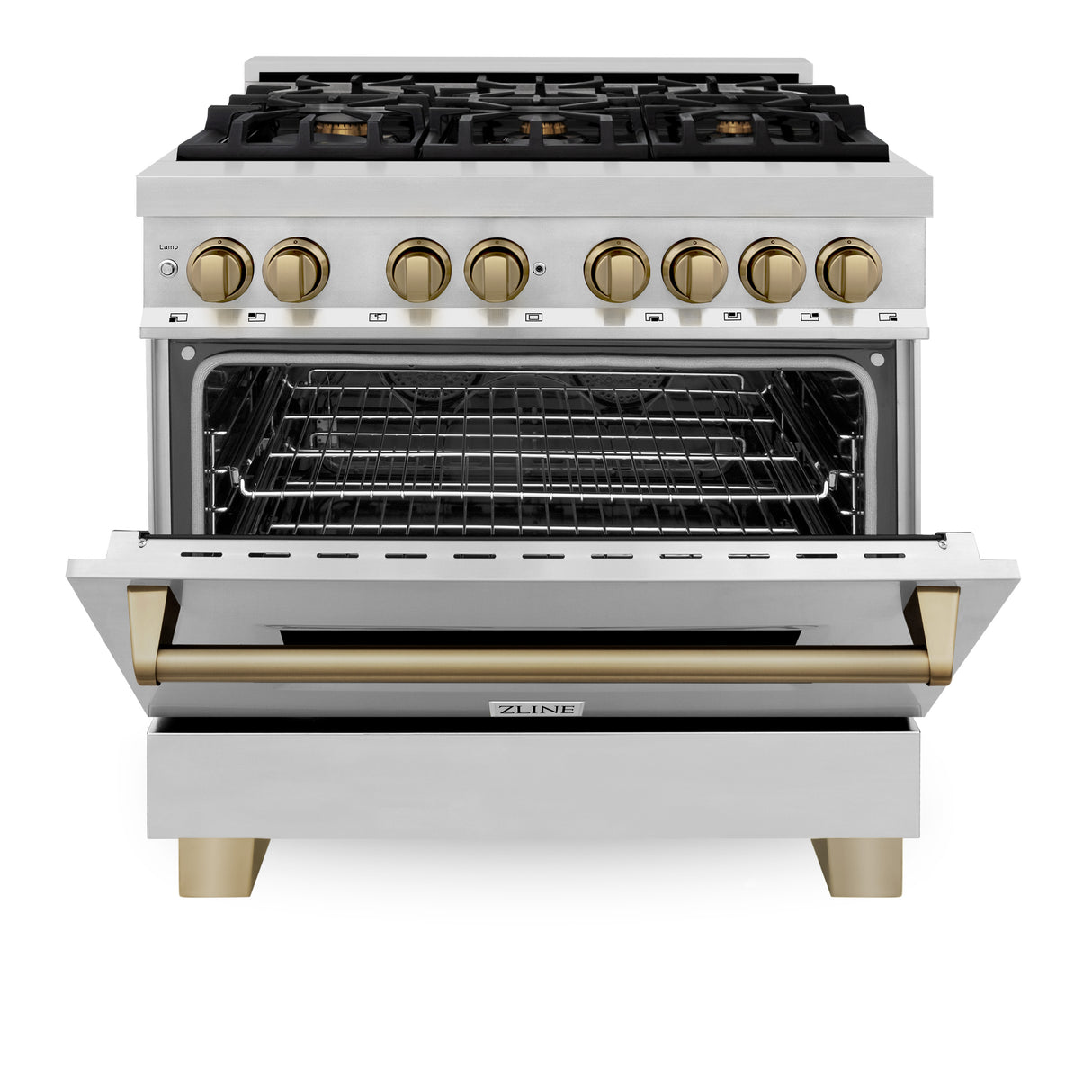 ZLINE Autograph Edition 36" 4.6 cu ft Dual Fuel Range with Gas Stove and Electric Oven in Stainless Steel with Champagne Bronze Accents (RAZ-36-CB)