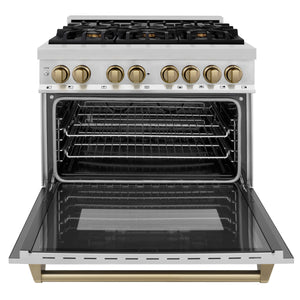 ZLINE Autograph Edition 36" 4.6 cu ft Dual Fuel Range with Gas Stove and Electric Oven in Stainless Steel with Champagne Bronze Accents (RAZ-36-CB)