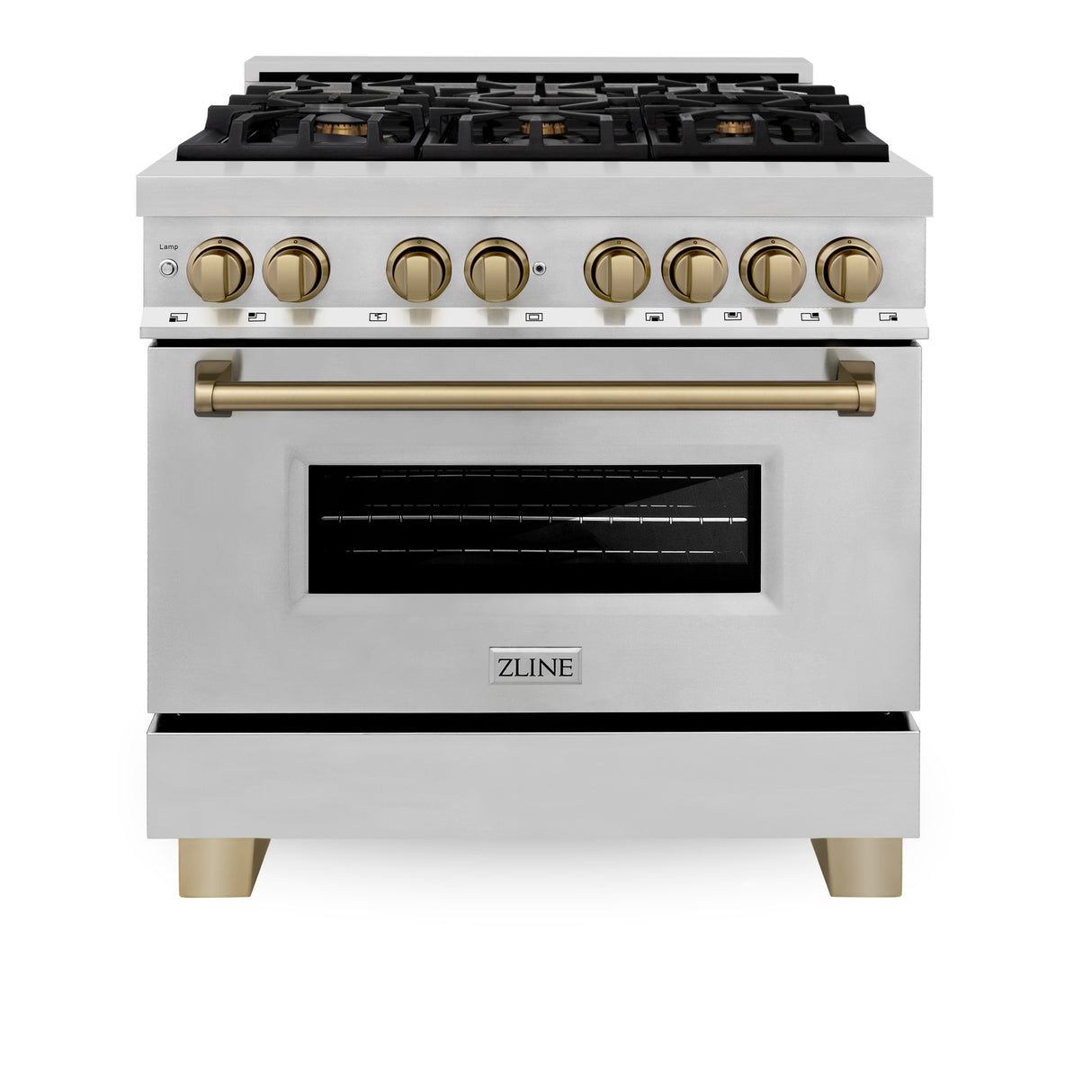 ZLINE Autograph Edition 36" 4.6 cu ft Dual Fuel Range with Gas Stove and Electric Oven in Stainless Steel with Champagne Bronze Accents (RAZ-36-CB)