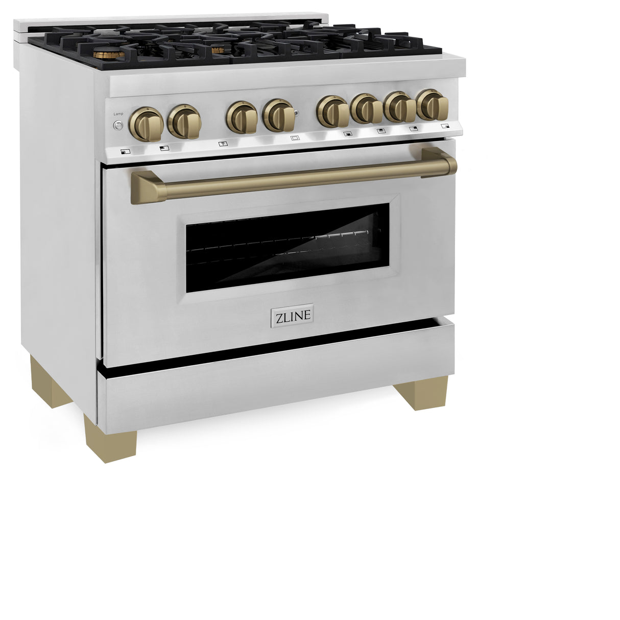 ZLINE Autograph Edition 36" 4.6 cu ft Dual Fuel Range with Gas Stove and Electric Oven in Stainless Steel with Champagne Bronze Accents (RAZ-36-CB)