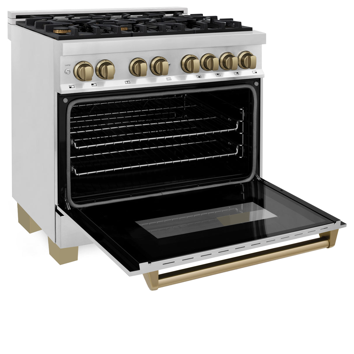 ZLINE Autograph Edition 36" 4.6 cu ft Dual Fuel Range with Gas Stove and Electric Oven in Stainless Steel with Champagne Bronze Accents (RAZ-36-CB)