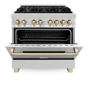 ZLINE Autograph Edition 36" 4.6 cu ft Dual Fuel Range with Gas Stove and Electric Oven in Stainless Steel with Gold Accents (RAZ-36-G)