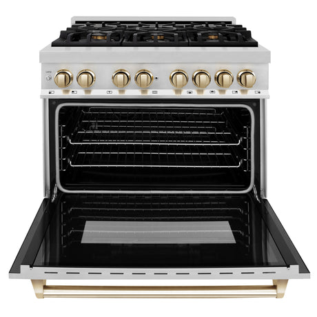 ZLINE Autograph Edition 36" 4.6 cu ft Dual Fuel Range with Gas Stove and Electric Oven in Stainless Steel with Gold Accents (RAZ-36-G)