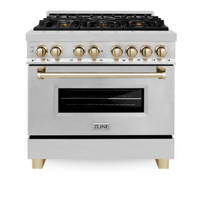 ZLINE Autograph Edition 36" 4.6 cu ft Dual Fuel Range with Gas Stove and Electric Oven in Stainless Steel with Gold Accents (RAZ-36-G)