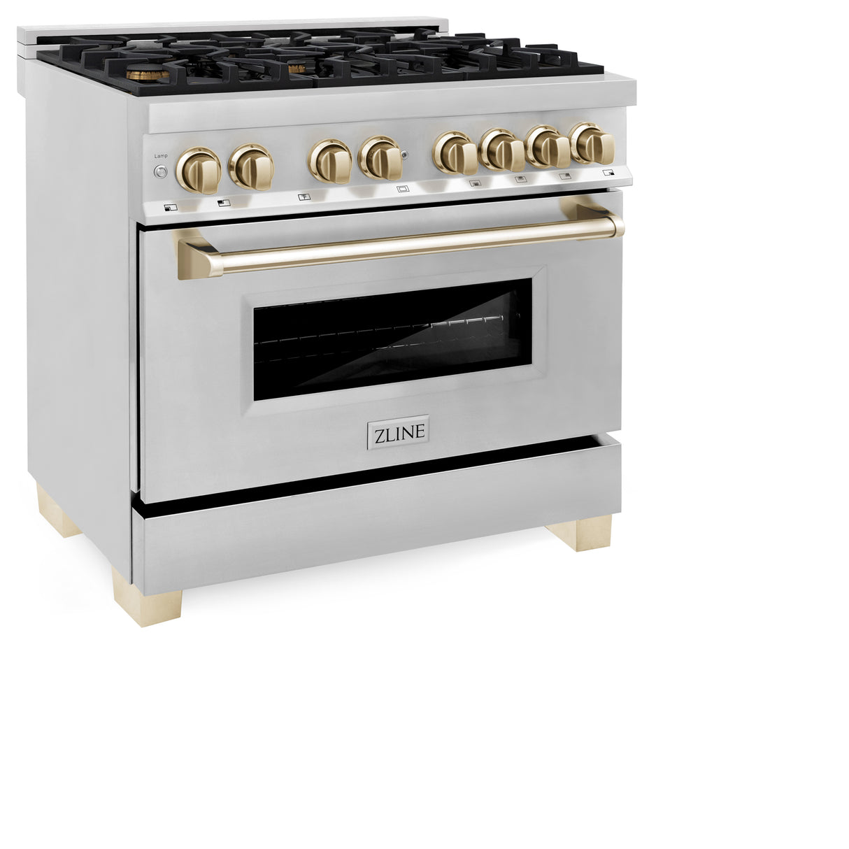 ZLINE Autograph Edition 36" 4.6 cu ft Dual Fuel Range with Gas Stove and Electric Oven in Stainless Steel with Gold Accents (RAZ-36-G)