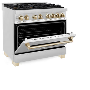 ZLINE Autograph Edition 36" 4.6 cu ft Dual Fuel Range with Gas Stove and Electric Oven in Stainless Steel with Gold Accents (RAZ-36-G)