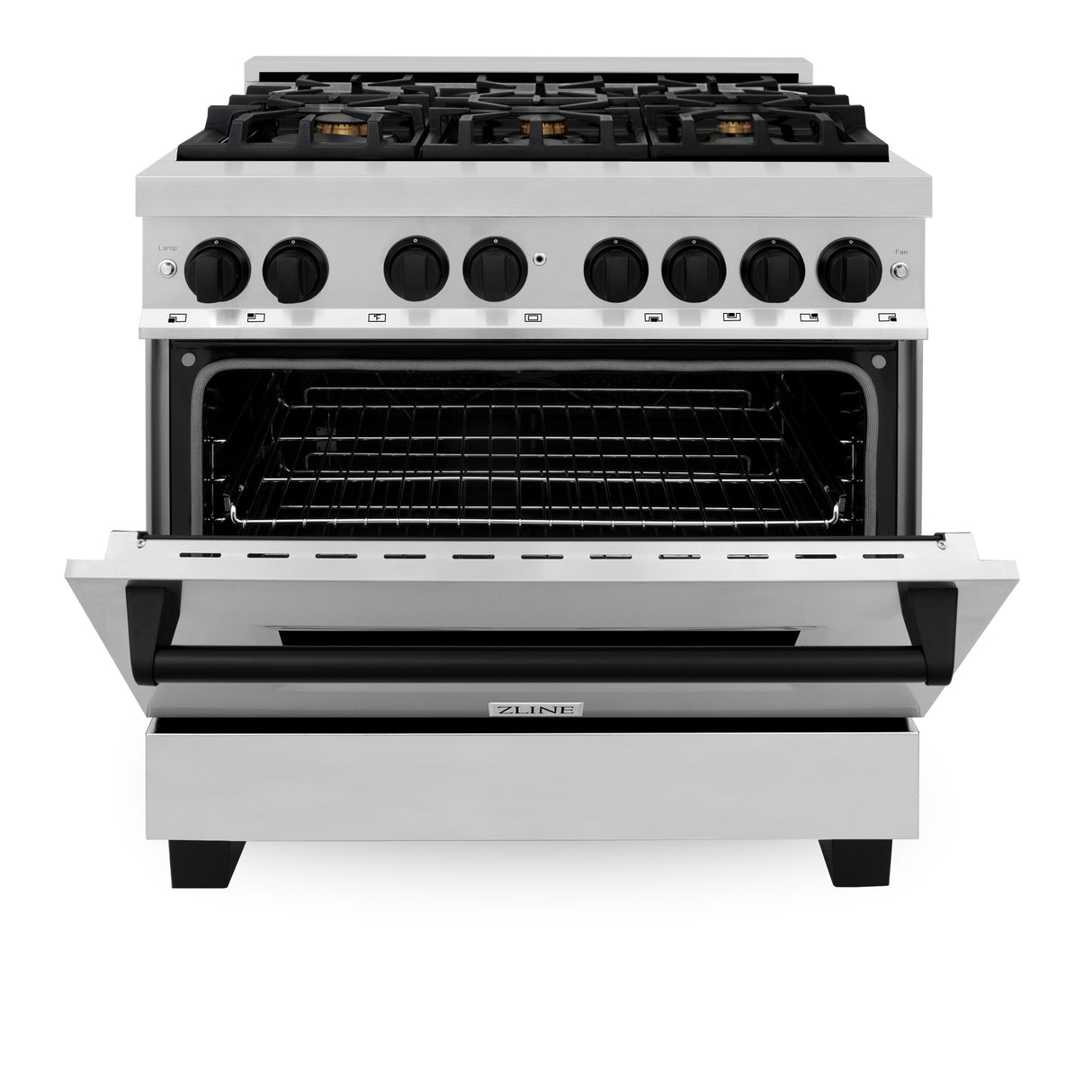 ZLINE Autograph Edition 36" 4.6 cu ft Dual Fuel Range with Gas Stove and Electric Oven in Stainless Steel with Matte Black Accents (RAZ-36-MB)