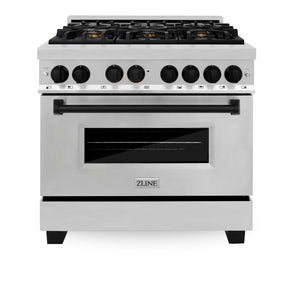 ZLINE Autograph Edition 36" 4.6 cu ft Dual Fuel Range with Gas Stove and Electric Oven in Stainless Steel with Matte Black Accents (RAZ-36-MB)