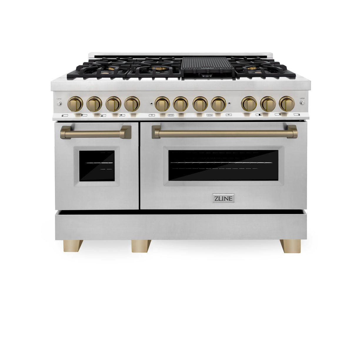 ZLINE Autograph Edition 48" 6.0 cu ft Dual Fuel Range with Gas Stove and Electric Oven in Stainless Steel with Champagne Bronze Accents (RAZ-48-CB)