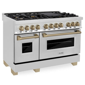 ZLINE Autograph Edition 48" 6.0 cu ft Dual Fuel Range with Gas Stove and Electric Oven in Stainless Steel with Champagne Bronze Accents (RAZ-48-CB)