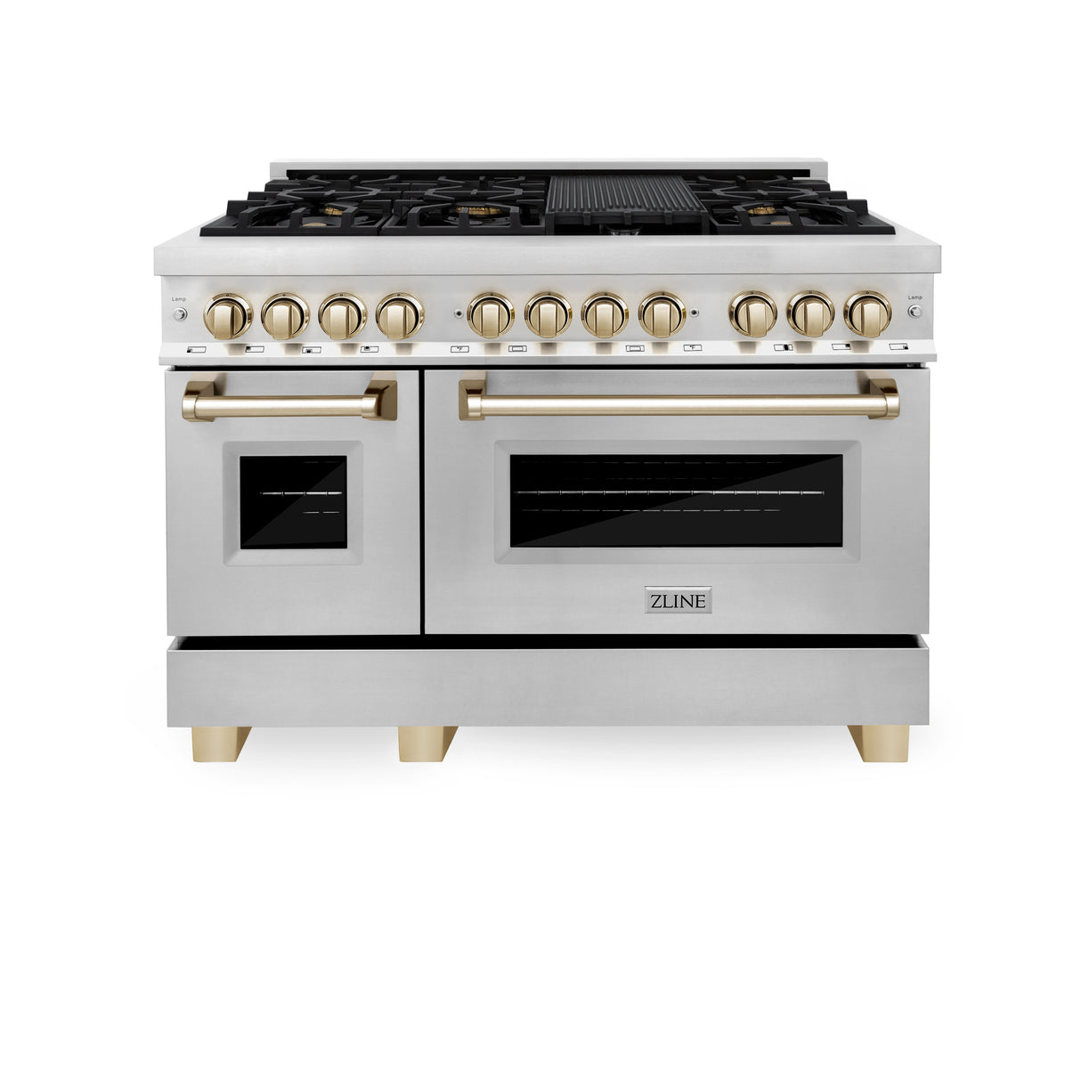 ZLINE Autograph Edition 48" 6.0 cu ft Dual Fuel Range with Gas Stove and Electric Oven in Stainless Steel with Gold Accents (RAZ-48-G)