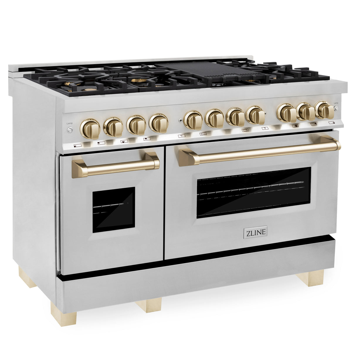 ZLINE Autograph Edition 48" 6.0 cu ft Dual Fuel Range with Gas Stove and Electric Oven in Stainless Steel with Gold Accents (RAZ-48-G)