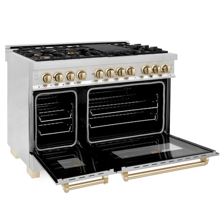 ZLINE Autograph Edition 48" 6.0 cu ft Dual Fuel Range with Gas Stove and Electric Oven in Stainless Steel with Gold Accents (RAZ-48-G)