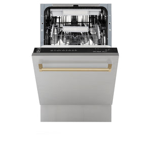 ZLINE Autograph Edition 18" Compact 3rd Rack Top Control Built-In Dishwasher in Stainless Steel with Champagne Bronze Handle, 51dBa (DWVZ-304-18-CB)