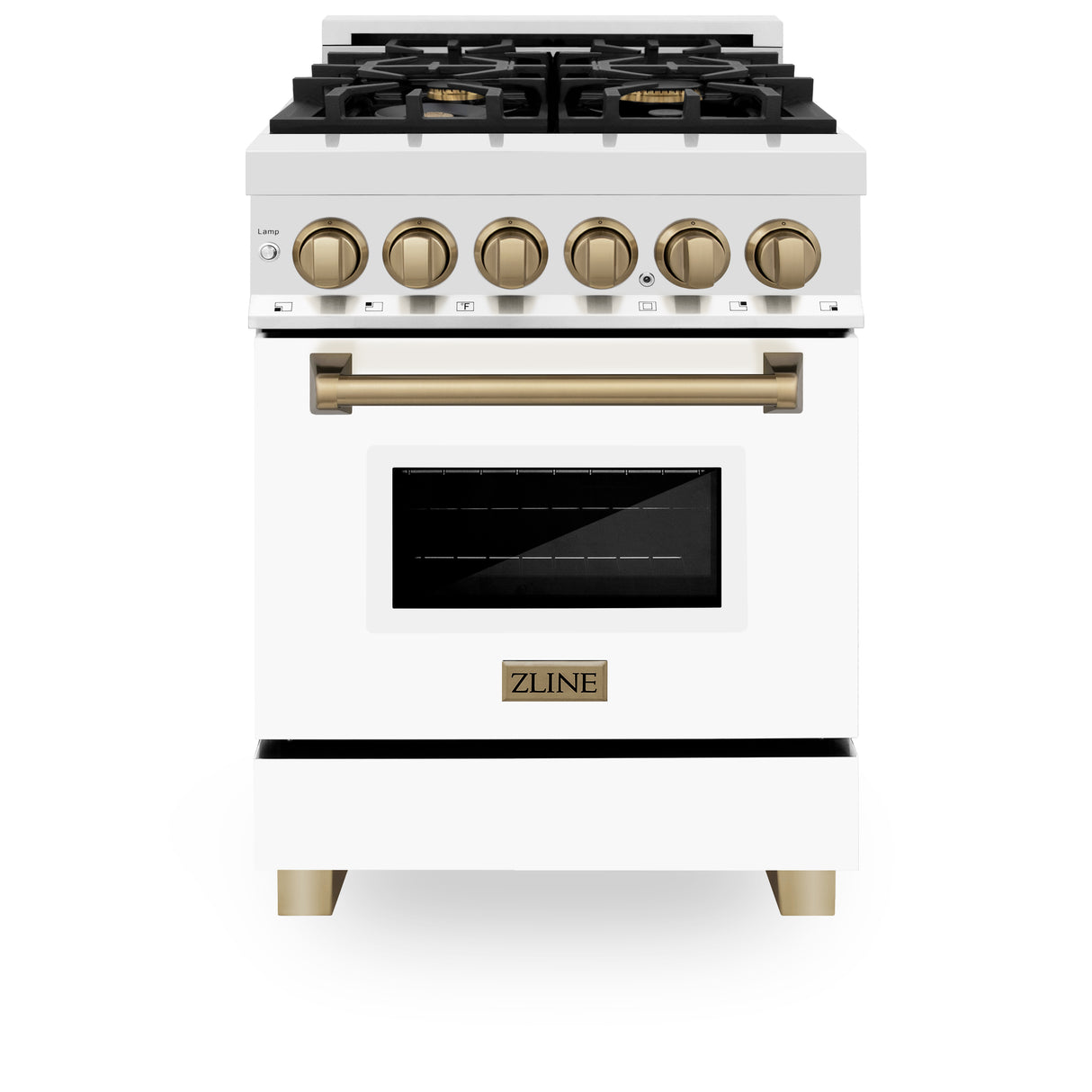 ZLINE Autograph Edition 24" 2.8 cu ft Dual Fuel Range with Gas Stove and Electric Oven in Stainless Steel with White Matte Door and Champagne Bronze Accents (RAZ-WM-24-CB)