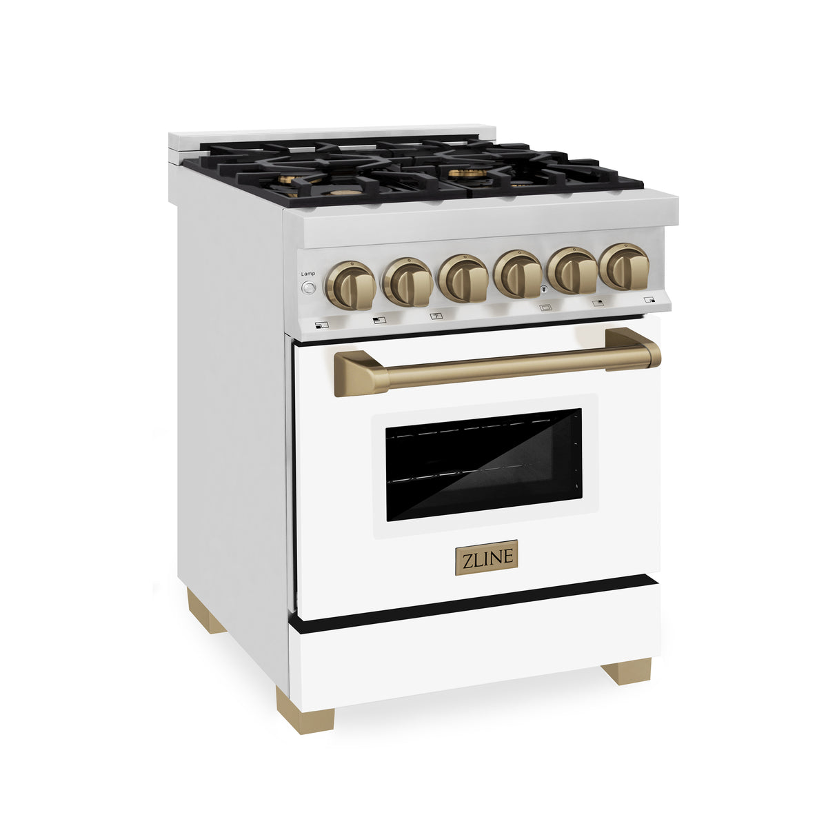 ZLINE Autograph Edition 24" 2.8 cu ft Dual Fuel Range with Gas Stove and Electric Oven in Stainless Steel with White Matte Door and Champagne Bronze Accents (RAZ-WM-24-CB)