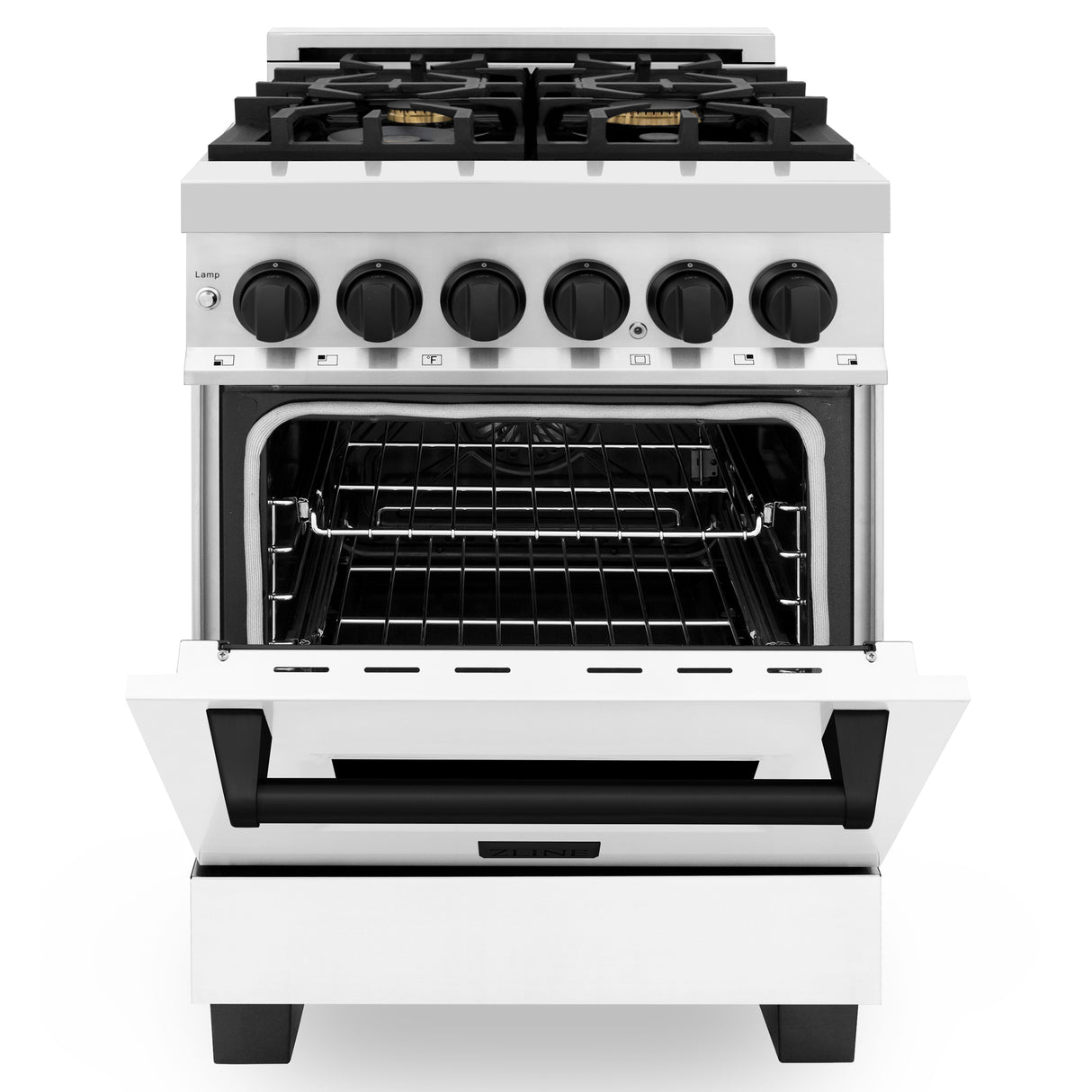 ZLINE Autograph Edition 24" 2.8 cu ft Dual Fuel Range with Gas Stove and Electric Oven in Stainless Steel with White Matte Door and Matte Black Accents (RAZ-WM-24-MB)