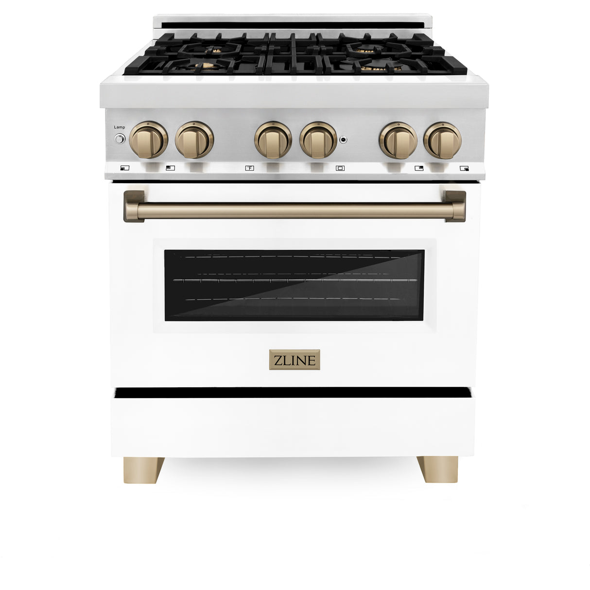 ZLINE Autograph Edition 30" 4.0 cu ft Dual Fuel Range with Gas Stove and Electric Oven in Stainless Steel with White Matte Door and Champagne Bronze Accents (RAZ-WM-30-CB)