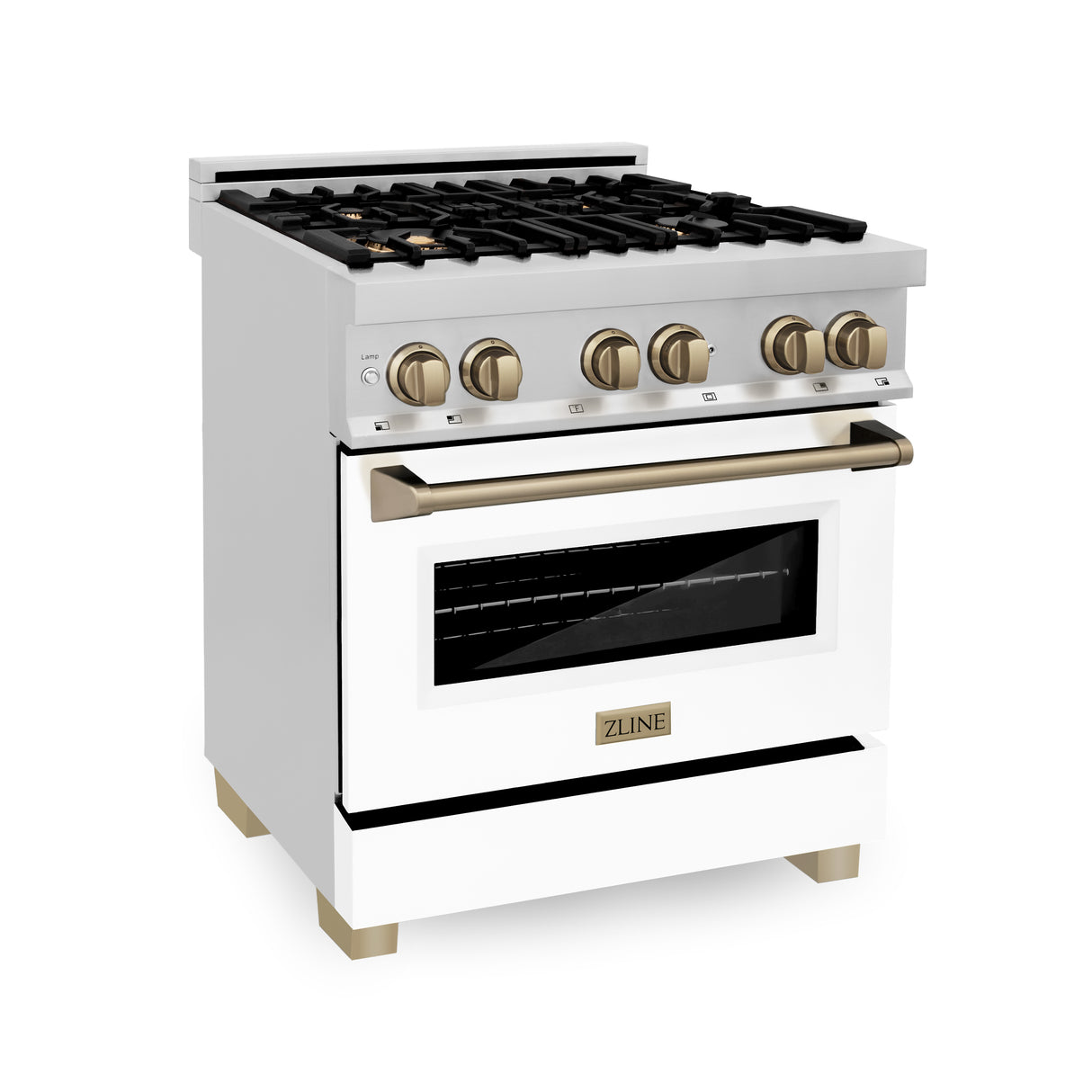 ZLINE Autograph Edition 30" 4.0 cu ft Dual Fuel Range with Gas Stove and Electric Oven in Stainless Steel with White Matte Door and Champagne Bronze Accents (RAZ-WM-30-CB)