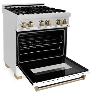 ZLINE Autograph Edition 30" 4.0 cu ft Dual Fuel Range with Gas Stove and Electric Oven in Stainless Steel with White Matte Door and Champagne Bronze Accents (RAZ-WM-30-CB)