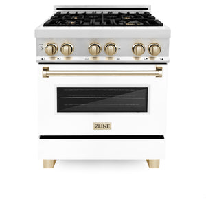 ZLINE Autograph Edition 30" 4.0 cu ft Dual Fuel Range with Gas Stove and Electric Oven in Stainless Steel with White Matte Door and Gold Accents (RAZ-WM-30-G)