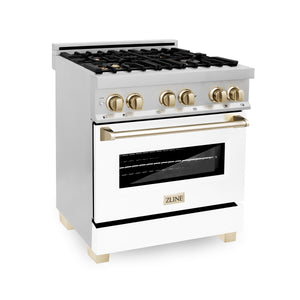 ZLINE Autograph Edition 30" 4.0 cu ft Dual Fuel Range with Gas Stove and Electric Oven in Stainless Steel with White Matte Door and Gold Accents (RAZ-WM-30-G)