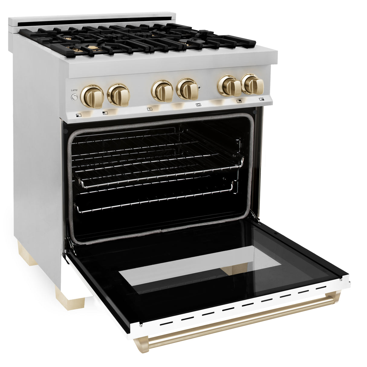 ZLINE Autograph Edition 30" 4.0 cu ft Dual Fuel Range with Gas Stove and Electric Oven in Stainless Steel with White Matte Door and Gold Accents (RAZ-WM-30-G)