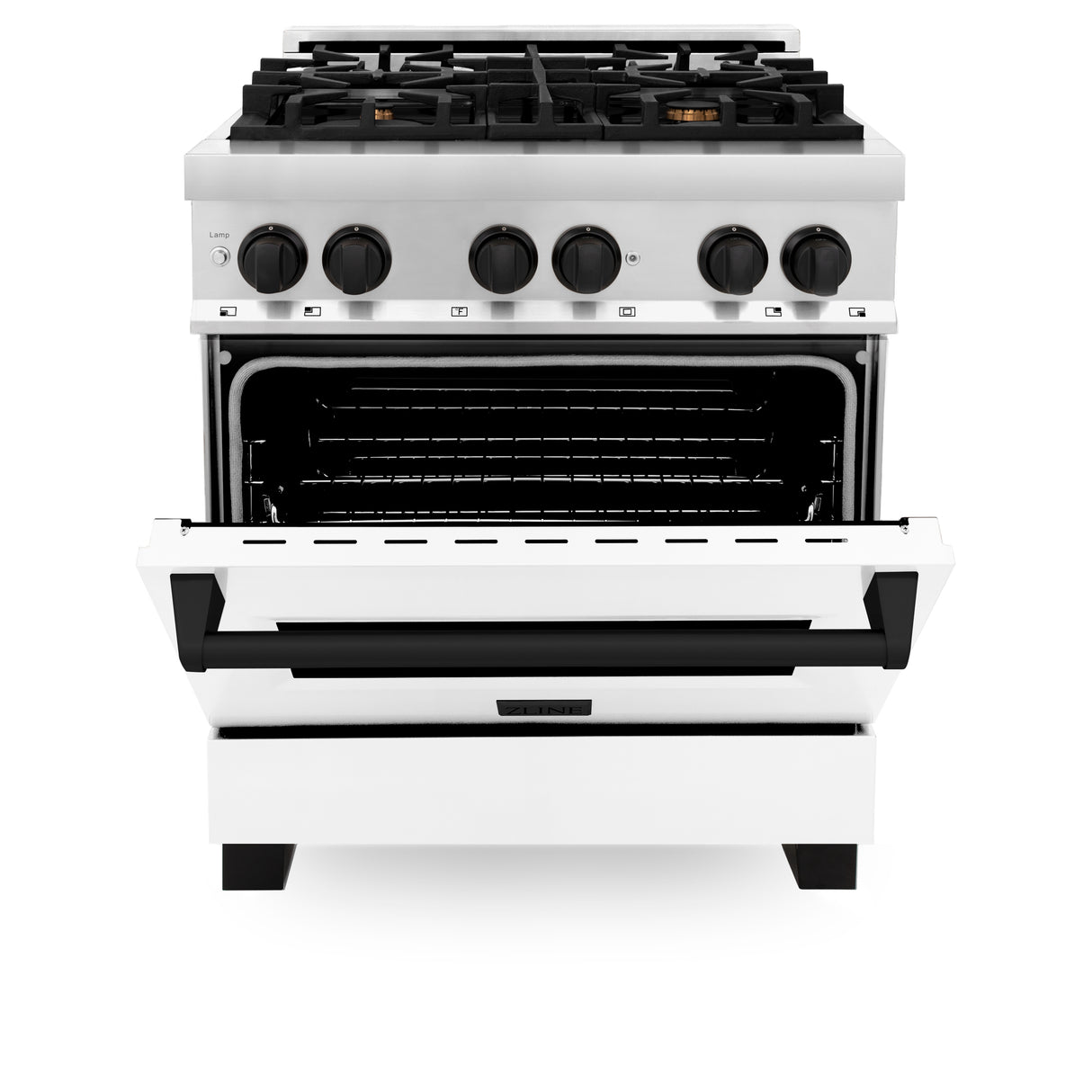 ZLINE Autograph Edition 30" 4.0 cu ft Dual Fuel Range with Gas Stove and Electric Oven in Stainless Steel with White Matte Door and Matte Black Accents (RAZ-WM-30-MB)