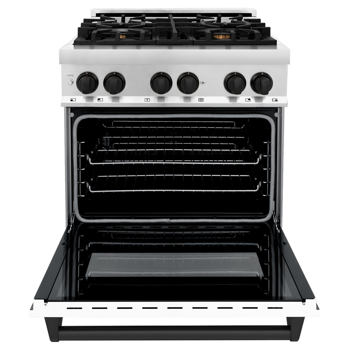 ZLINE Autograph Edition 30" 4.0 cu ft Dual Fuel Range with Gas Stove and Electric Oven in Stainless Steel with White Matte Door and Matte Black Accents (RAZ-WM-30-MB)