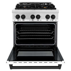 ZLINE Autograph Edition 30" 4.0 cu ft Dual Fuel Range with Gas Stove and Electric Oven in Stainless Steel with White Matte Door and Matte Black Accents (RAZ-WM-30-MB)