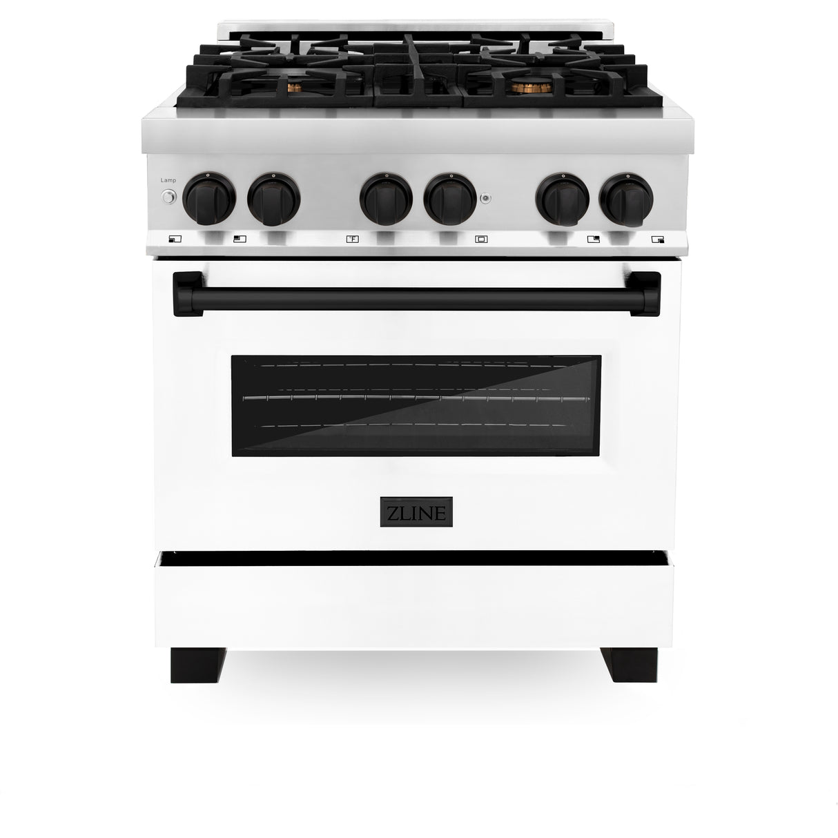 ZLINE Autograph Edition 30" 4.0 cu ft Dual Fuel Range with Gas Stove and Electric Oven in Stainless Steel with White Matte Door and Matte Black Accents (RAZ-WM-30-MB)