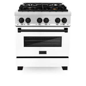 ZLINE Autograph Edition 30" 4.0 cu ft Dual Fuel Range with Gas Stove and Electric Oven in Stainless Steel with White Matte Door and Matte Black Accents (RAZ-WM-30-MB)